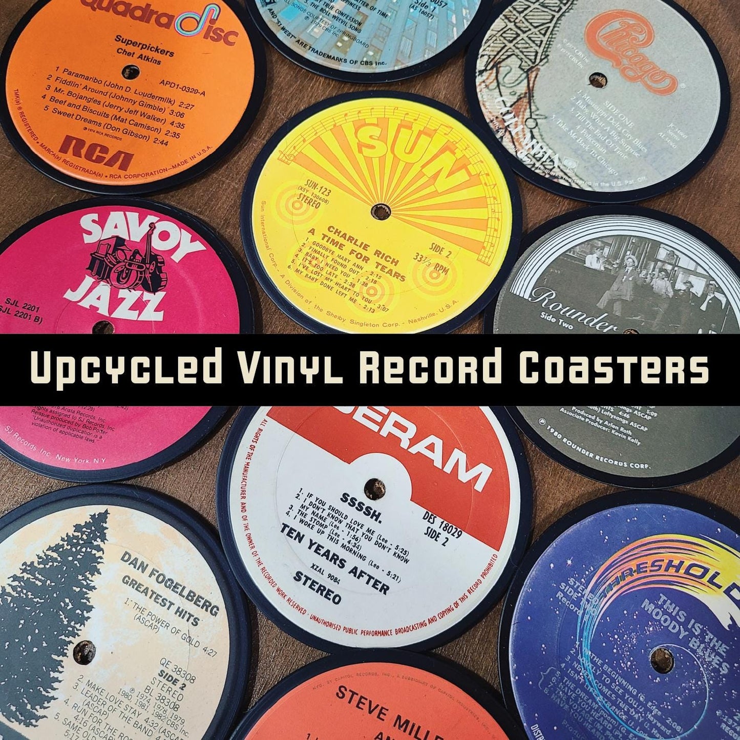 Upcycled Vinyl Record Coasters with Wooden Base: Music Lover Gift
