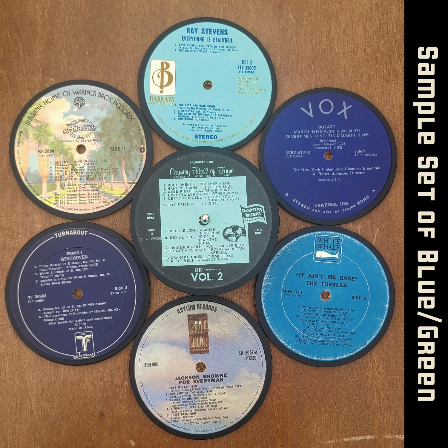 Upcycled Vinyl Record Coasters with Wooden Base: Music Lover Gift