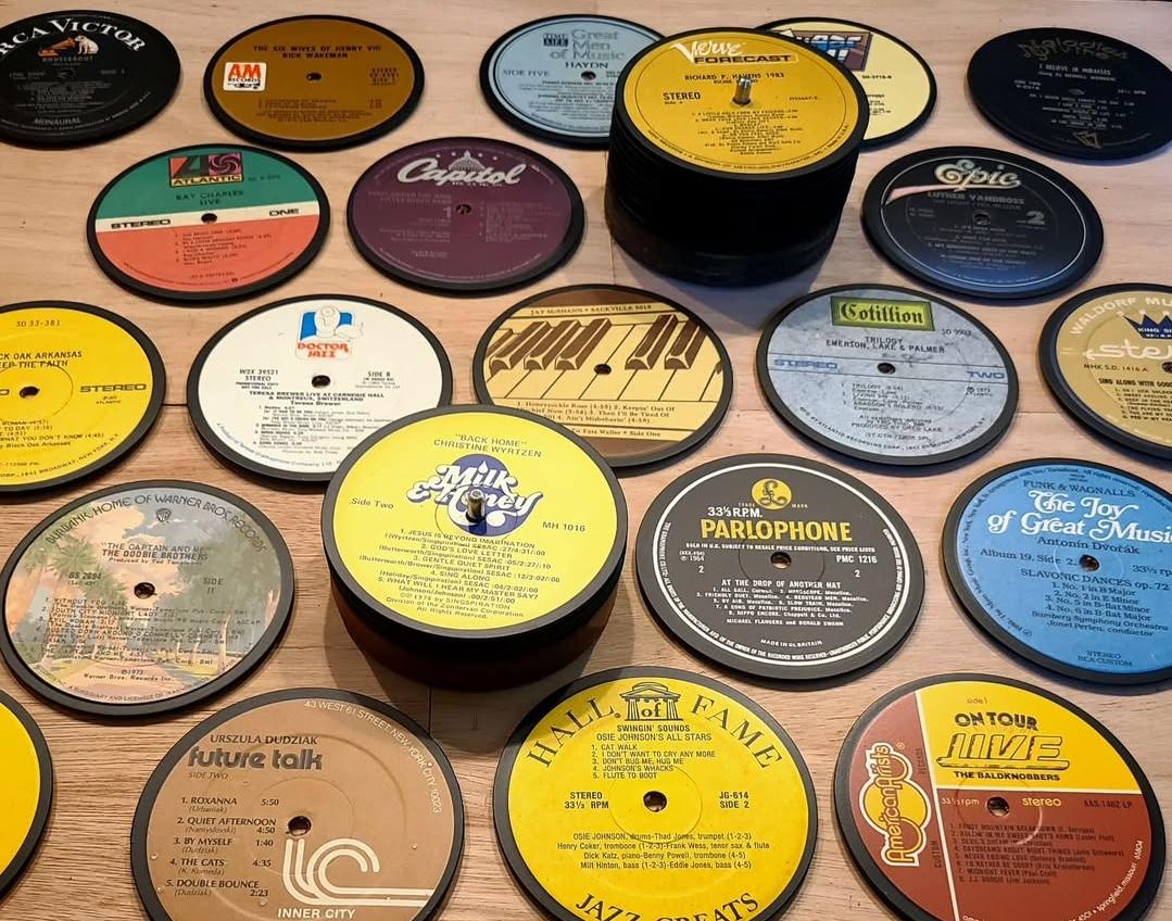 Upcycled Vinyl Record Coasters with Wooden Base: Music Lover Gift