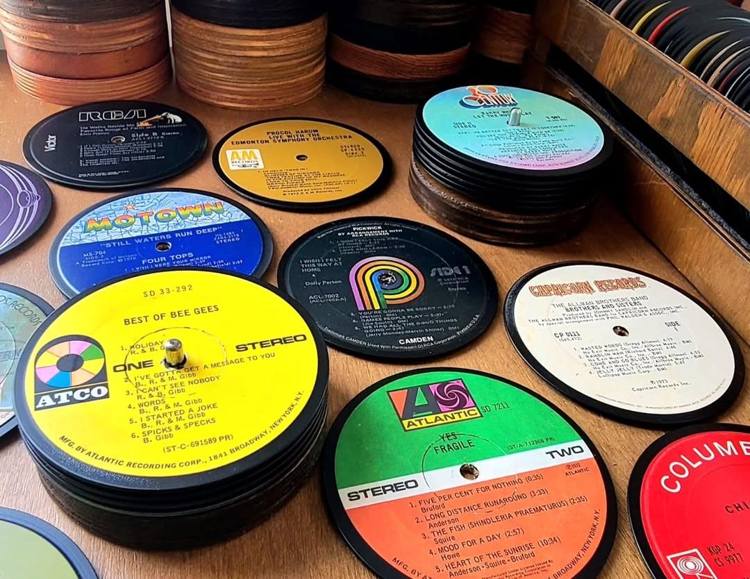 Upcycled Vinyl Record Coasters with Wooden Base: Music Lover Gift